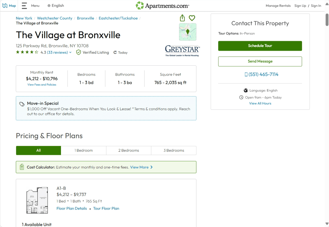 A screenshot of the Apartments.com listing for The Village at Bronxville shows a green Cost Calculator banner.