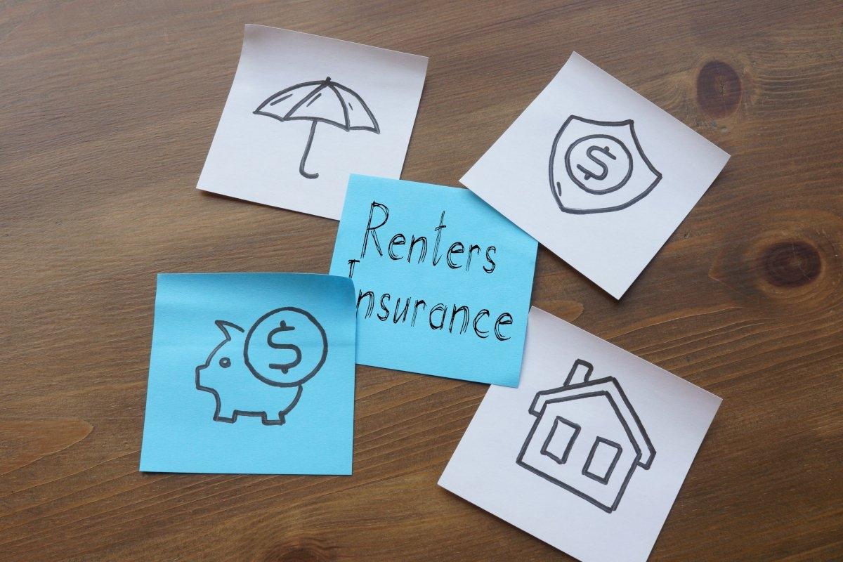 Sticky notes with drawings related to renters insurance on them.
