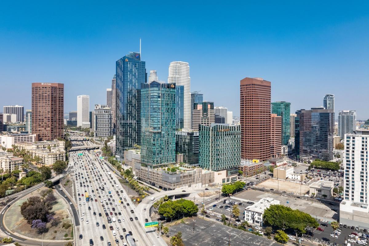 Downtown Los Angeles skyline and freeway.