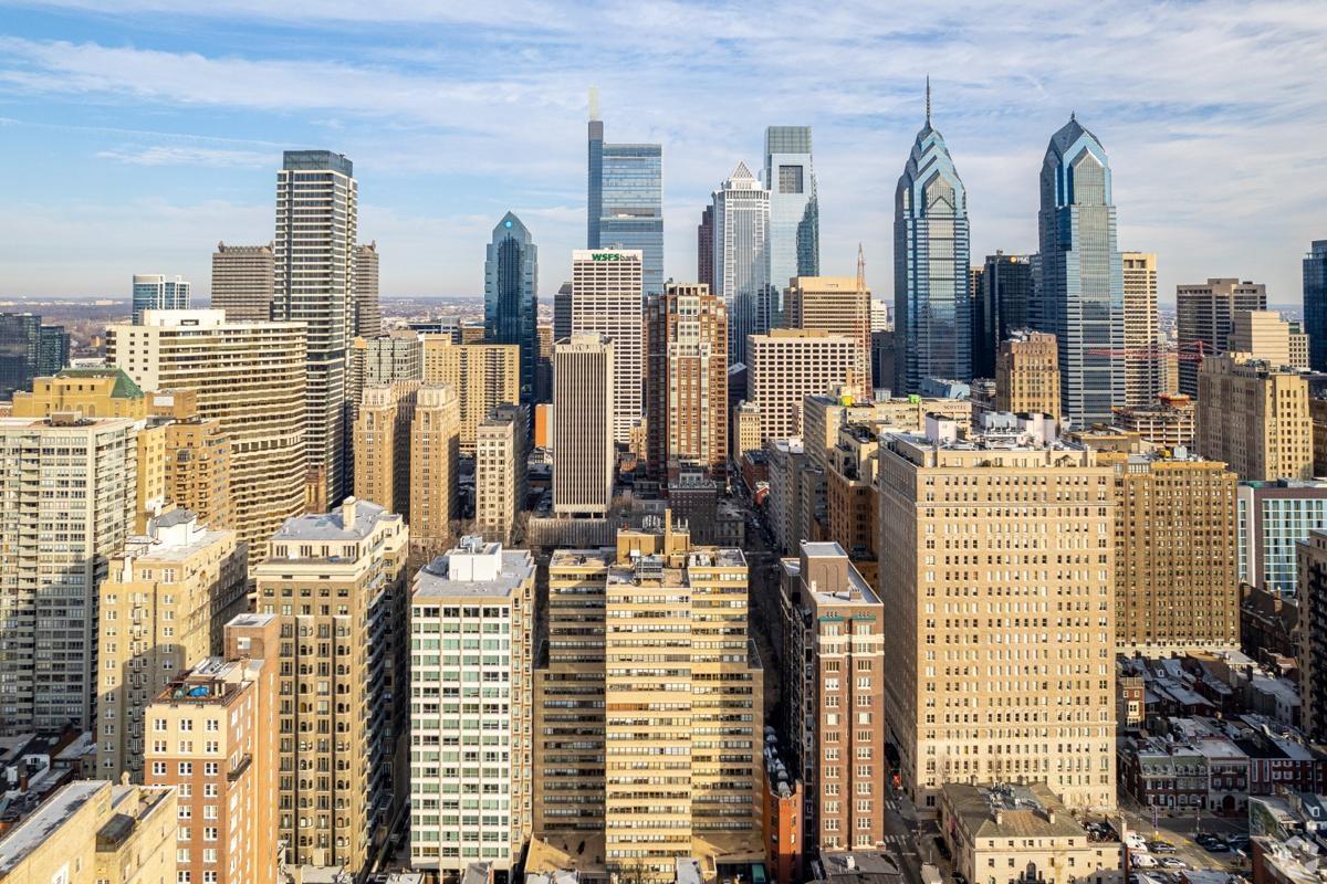 View of downtown Philadelphia, Pennsylvania, showcasing high-rises and commercial towers.