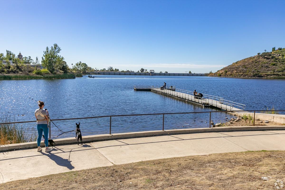 Scenic view of Lake Murray in San Diego with walking paths and dog-friendly areas, perfect for outdoor apartment living.
