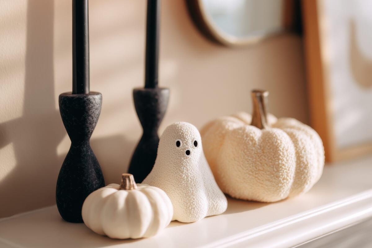 Small white pumpkins and a cute ghost figurine on a fireplace mantel.