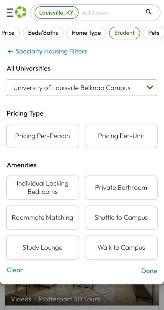 Student filters on Apartments.com for Louisville, KY