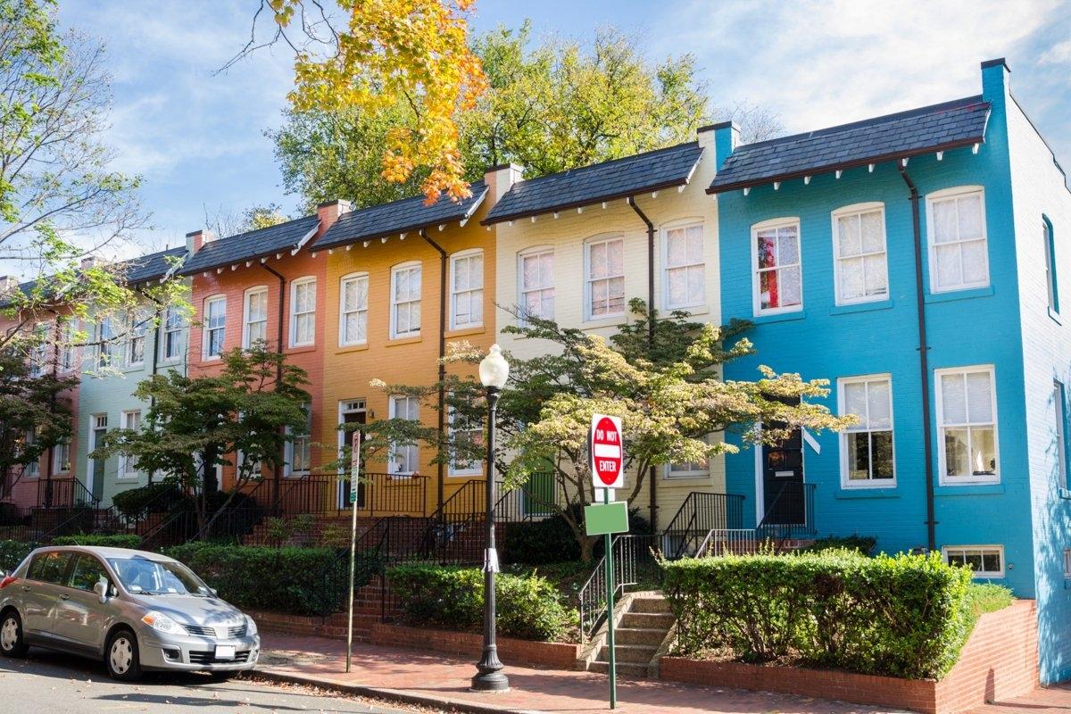 A street of colorful row houses in DC