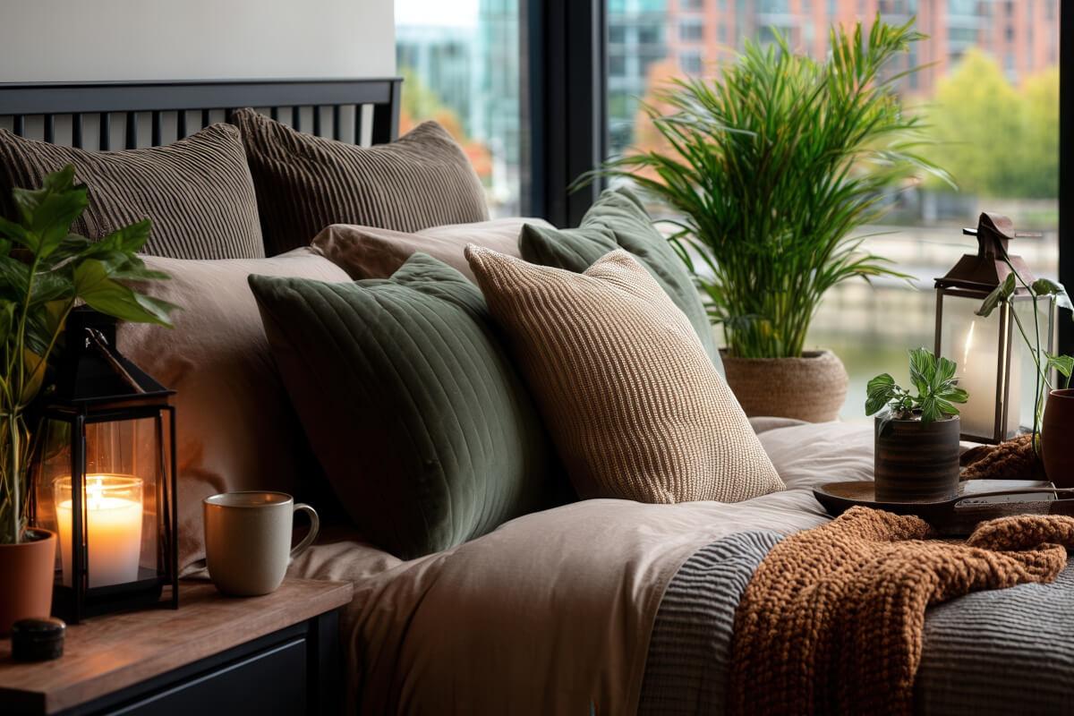 Bedroom with lots of greenery, contributing to the earthy fall vibe
