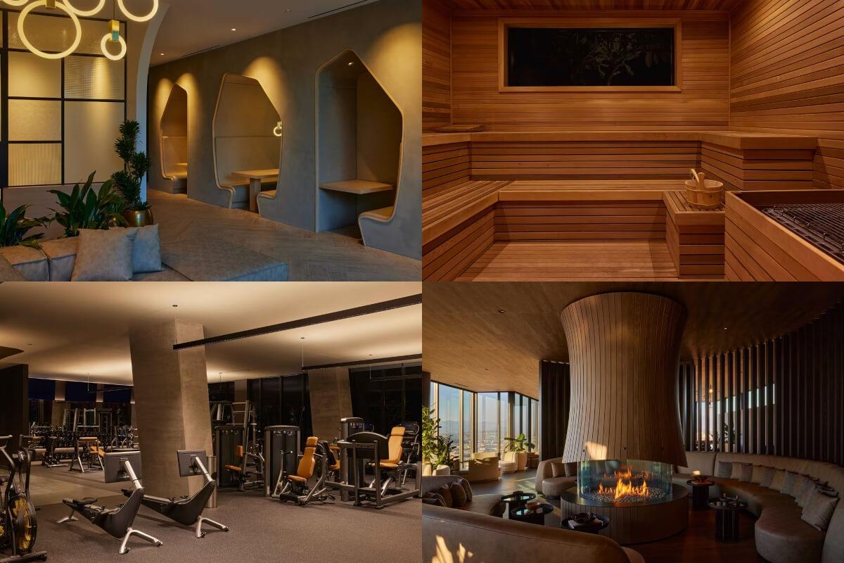 Collage showing the apartment community, Alloy's, workspace, sauna, lounge, and gym.
