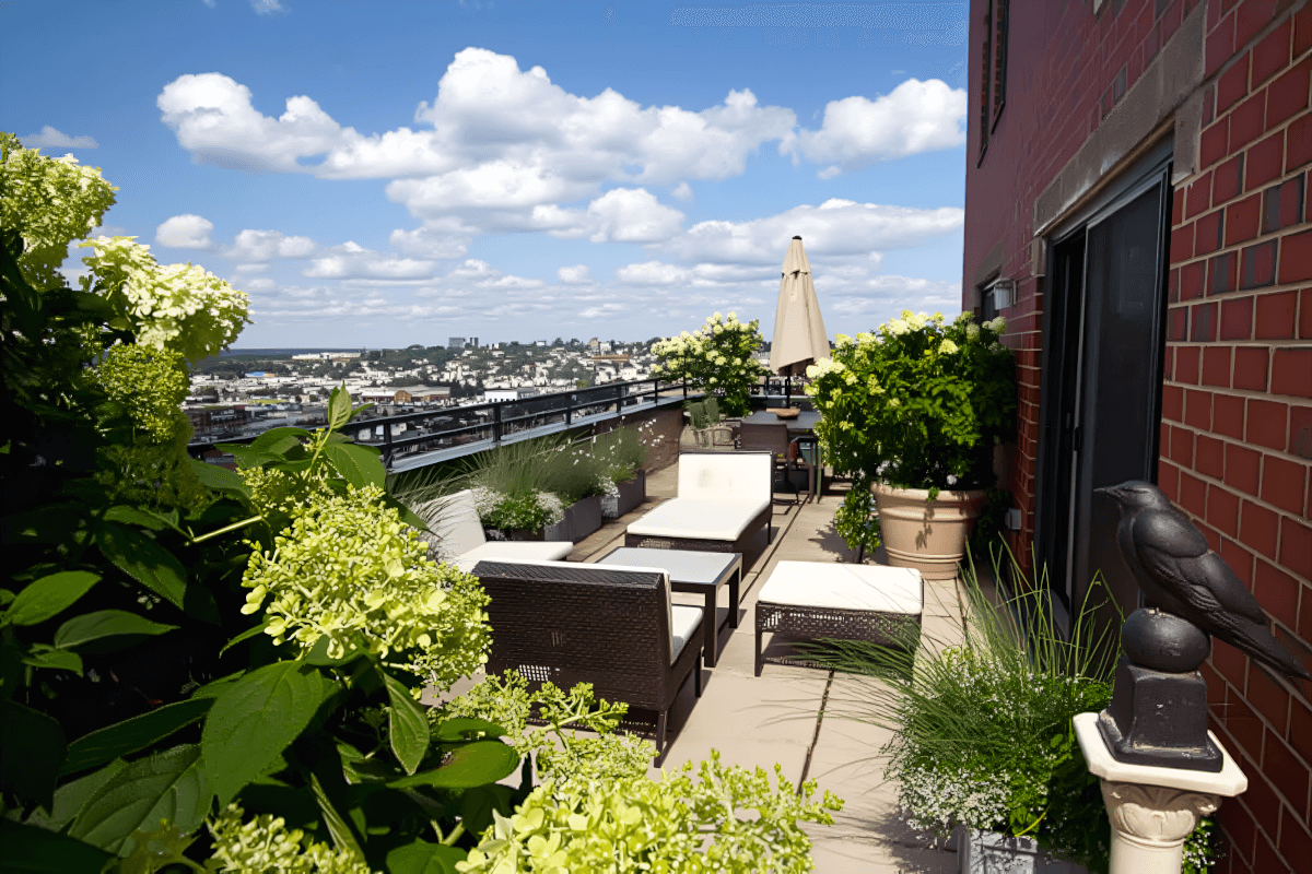 Garden terrace at Back Bay Tower in Portland, ME.