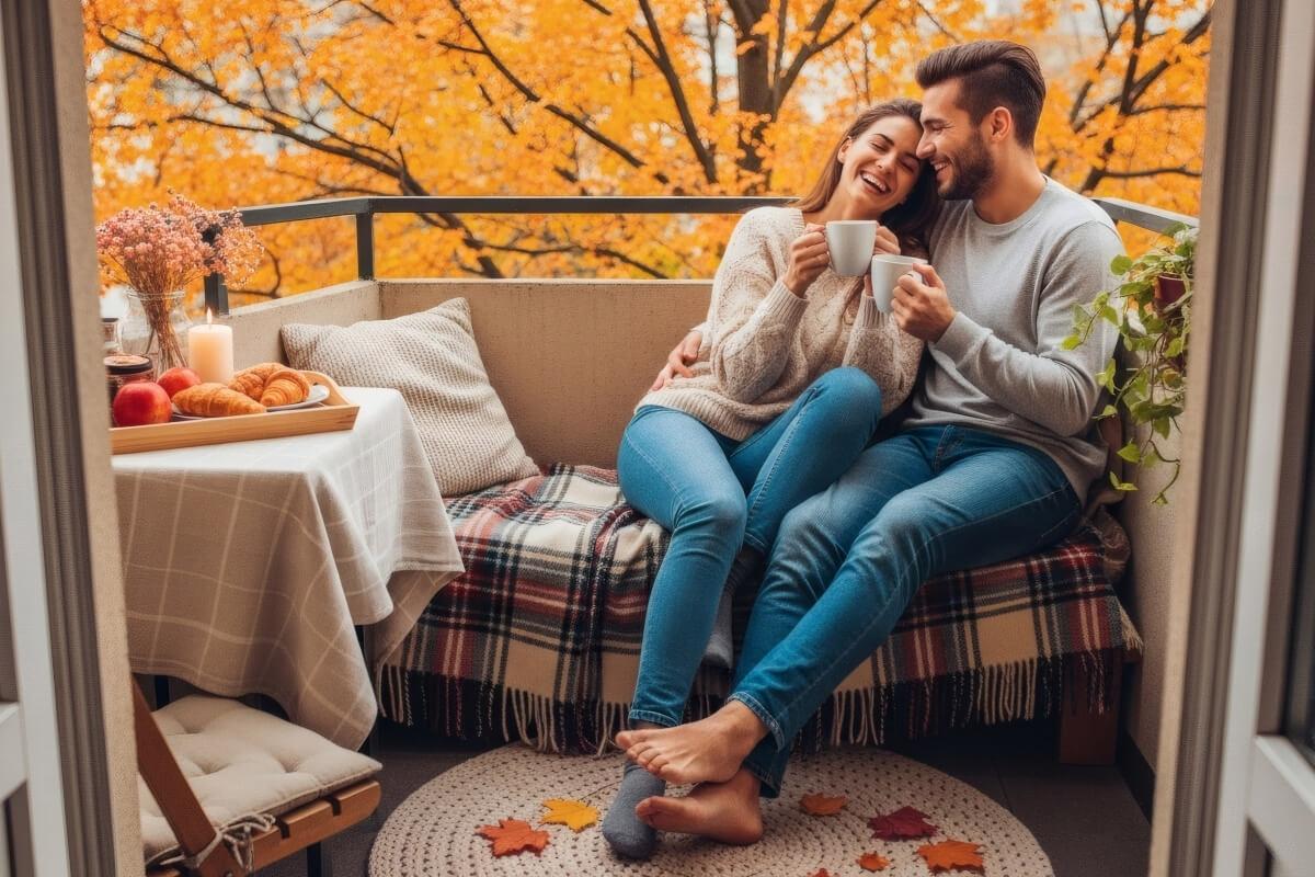 Couple sits outside on their apartment patio during the fall season.
