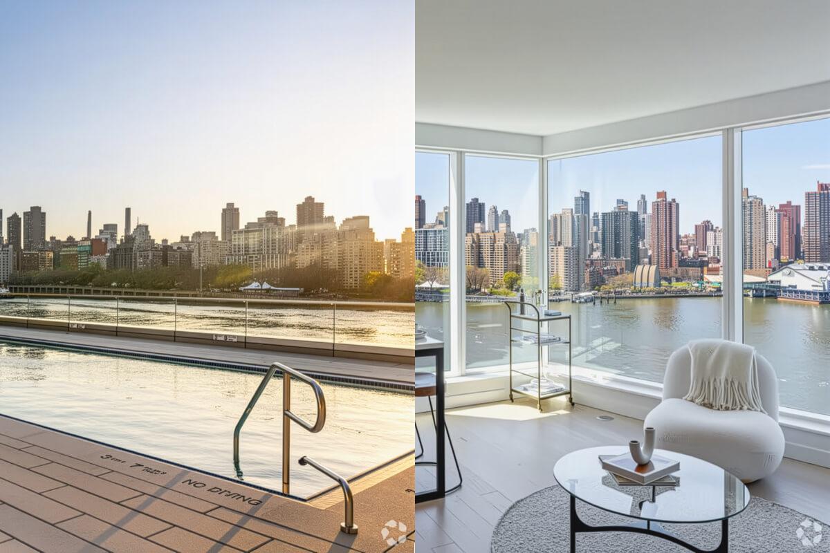 View of Manhattan from the apartment community of Halletts Point.