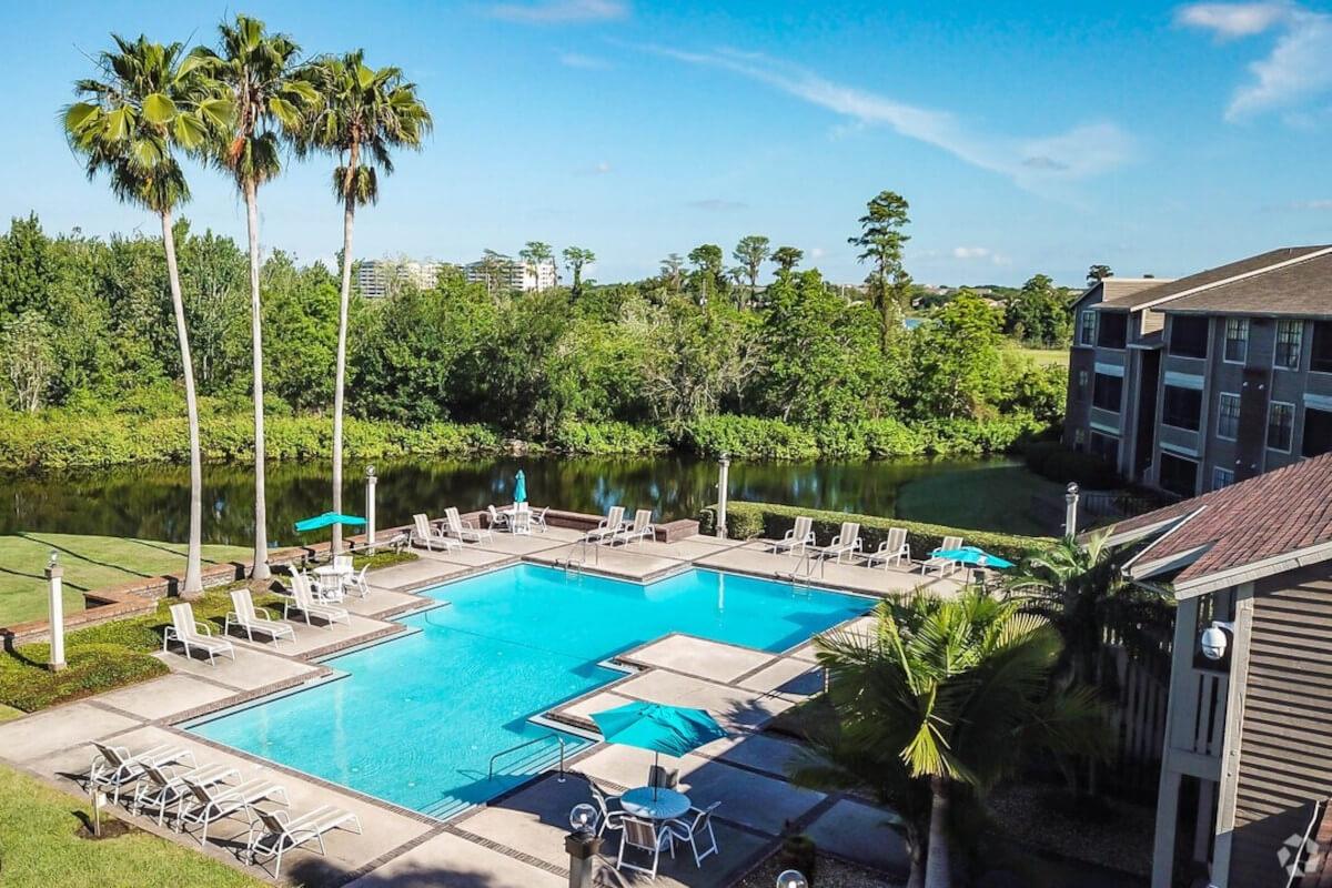 An aerial view of the pool area at the Hidden Lake apartment community.