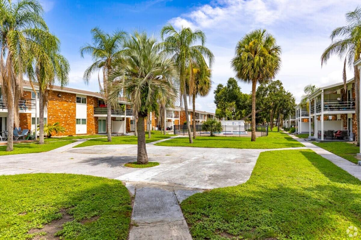 Palm trees in the courtyard of Palm Grove Apartments.