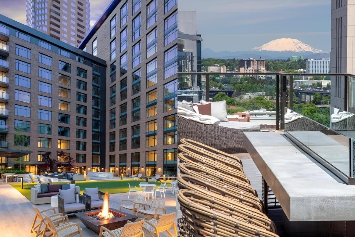 Portland Astoria has both a green courtyard and rooftop seating