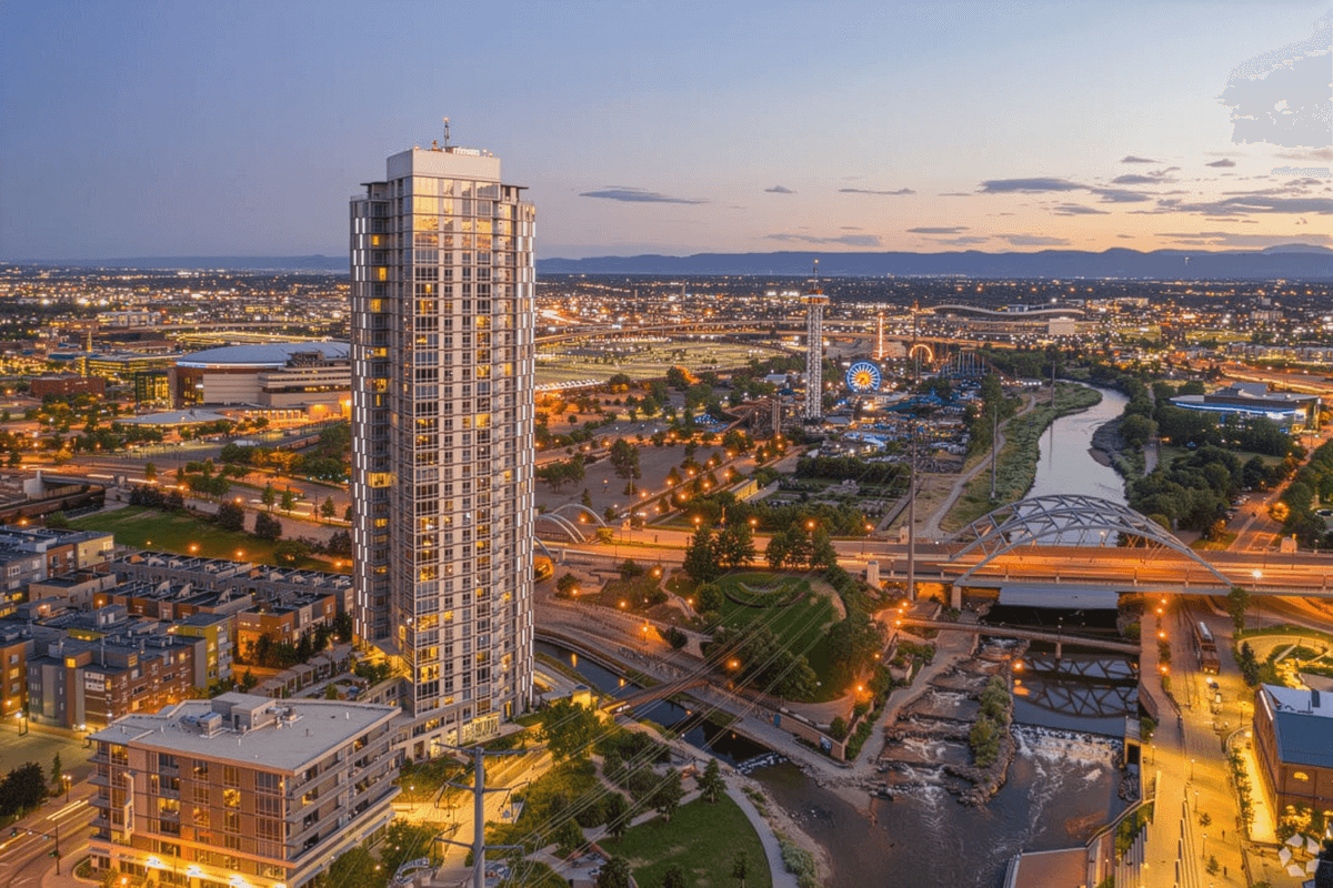 The Confluence apartment building rises over the river.