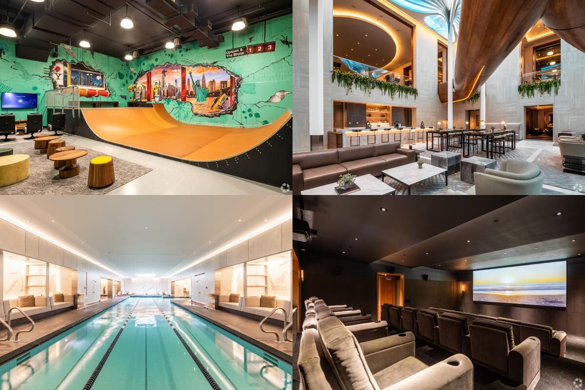 Collage of Waterline Square's amenities, including a skate park, lounge, pool, and theater.