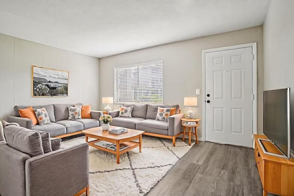A furnished living room at Waterview Crossing Apartments.