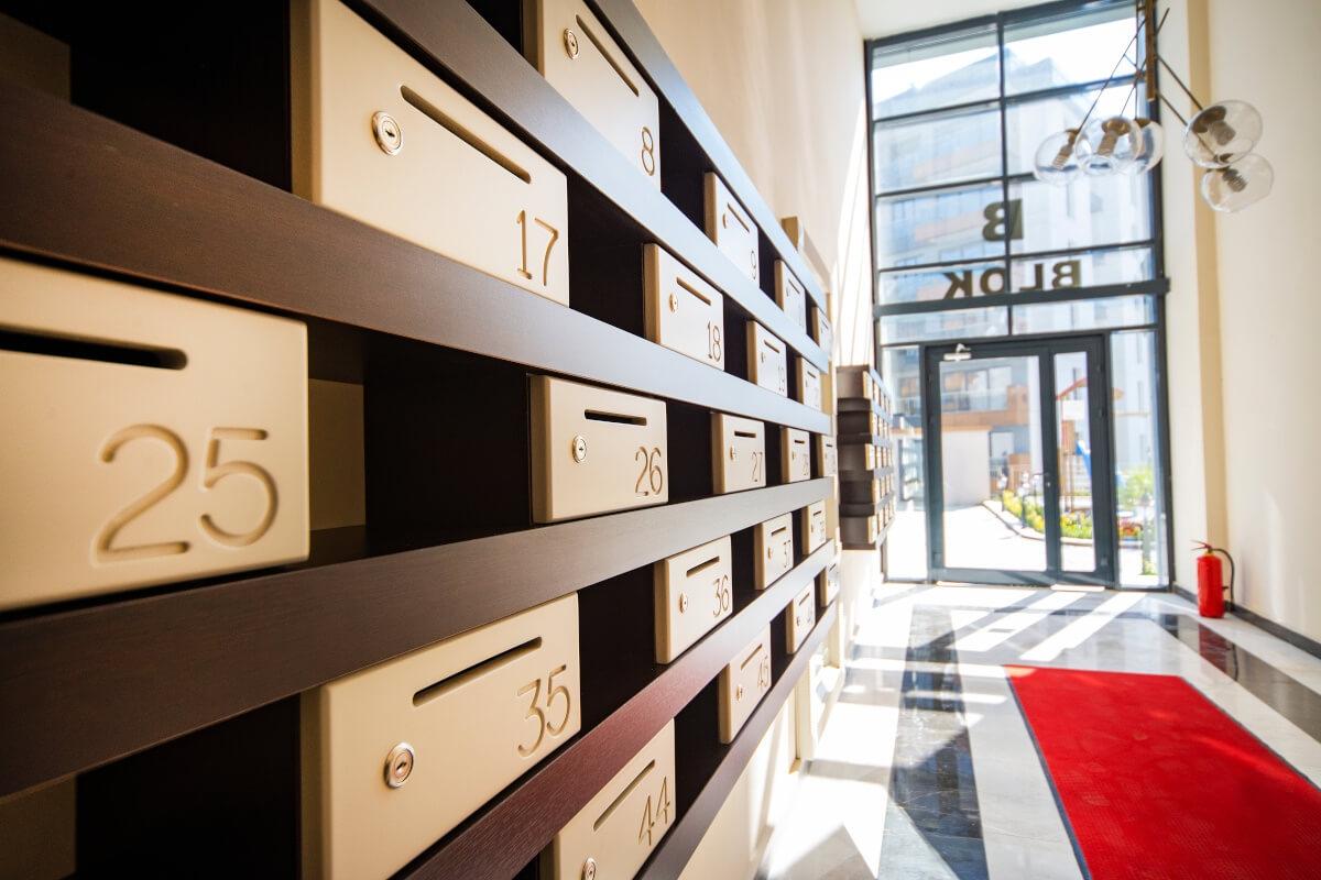 Wall of apartment mailboxes for tenants