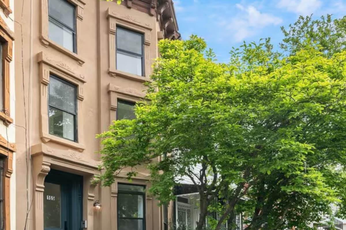 A tree in front of 165 Monroe Street, a brownstone in Brooklyn.