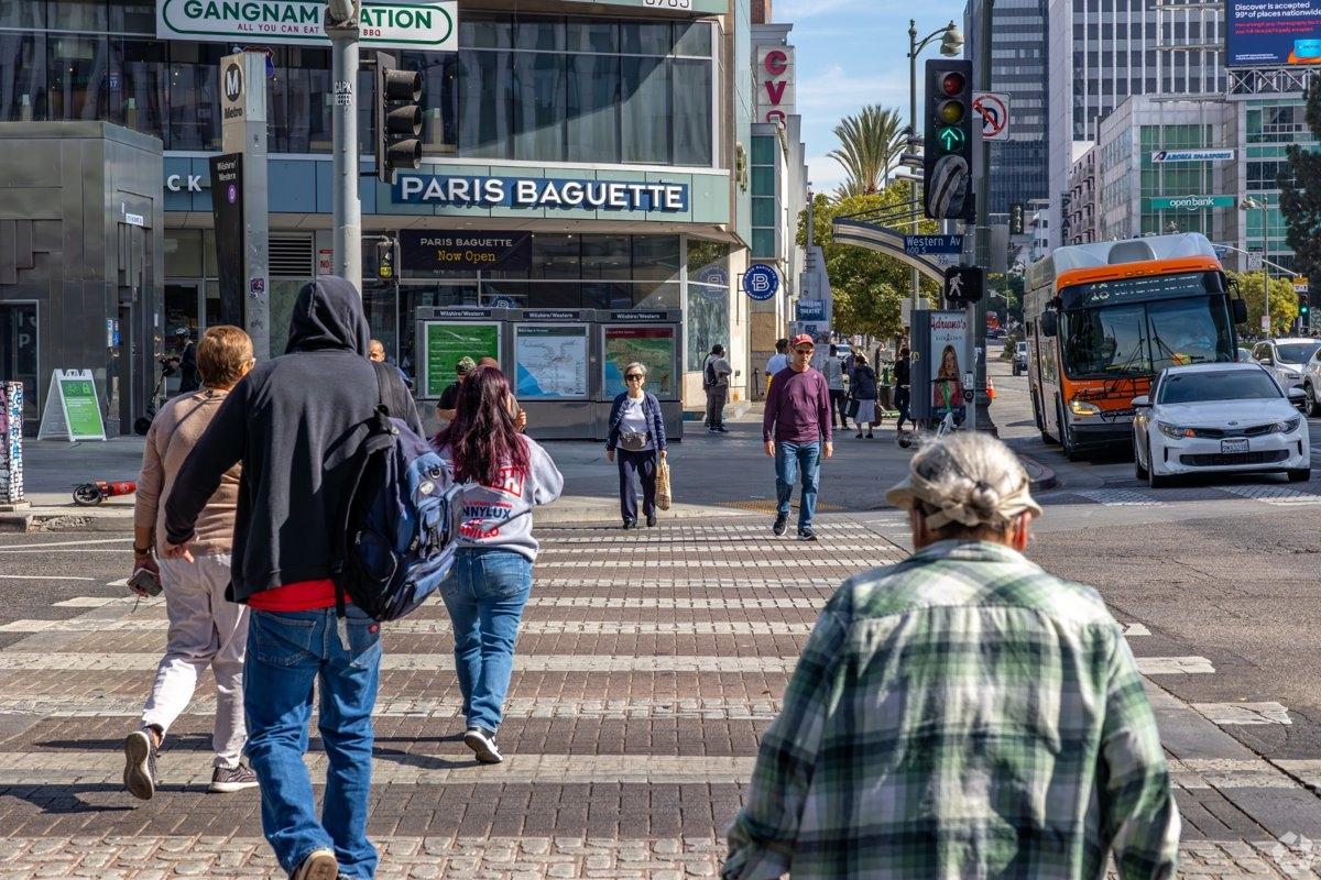 Pedestrians crossing the street in Koreatown