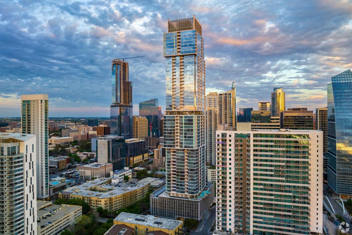 High-rise buildings in Sixth Street District in Austin, TX.