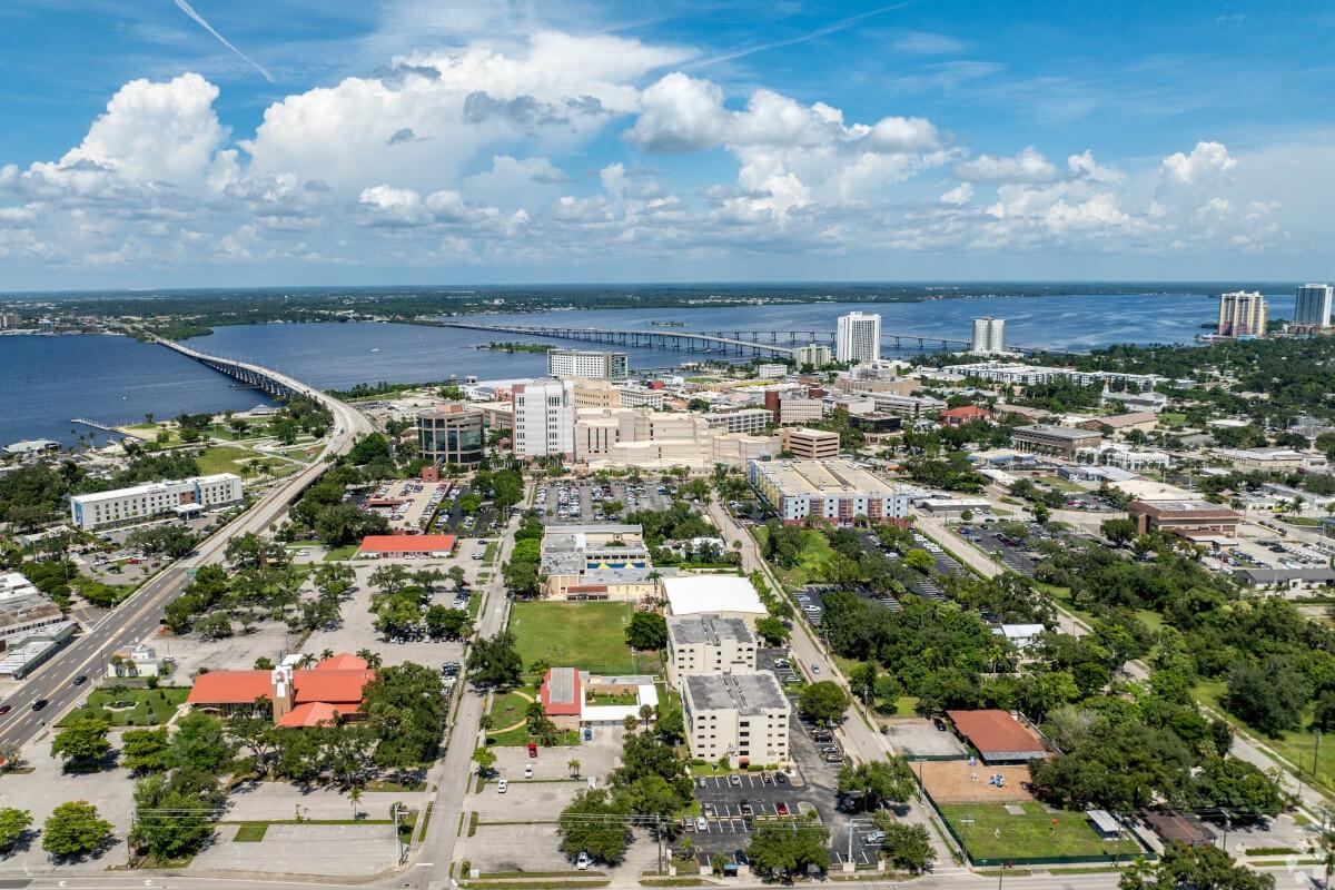 Downtown Fort Myers is connected to Cape Coral via a series of bridges over the Caloosahatchee River.