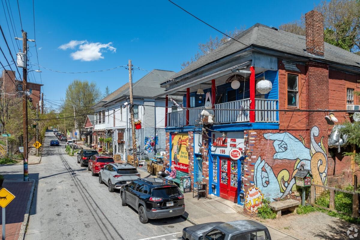 Colorful buildings in Cabbagetown in Atlanta, GA