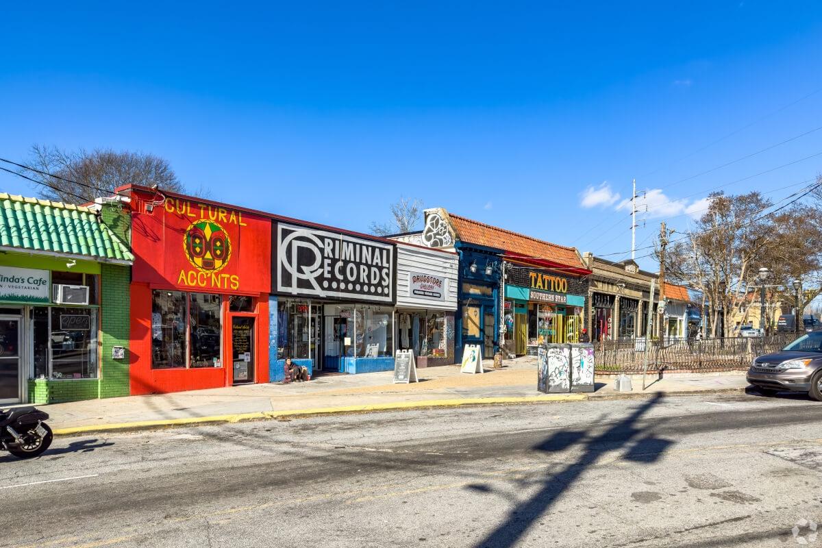 Colorful shops in Candler Park in Atlanta, GA