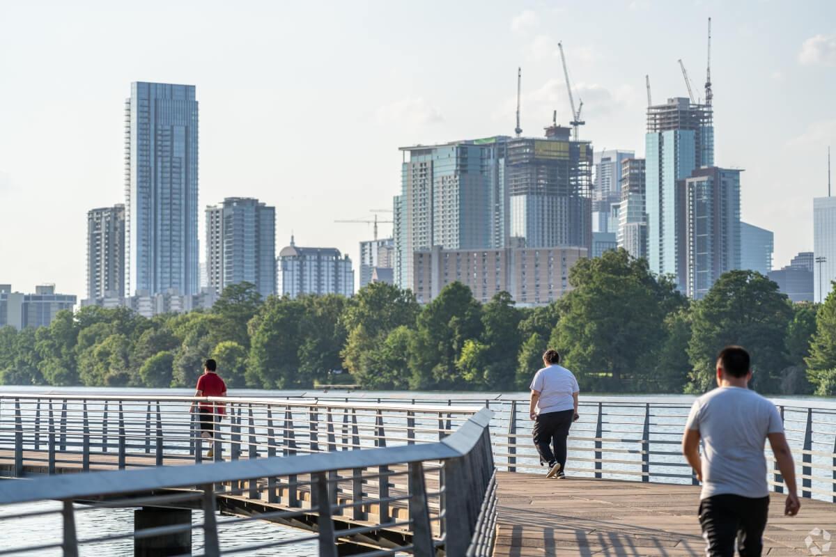 Pedestrians stroll in East Riverside.