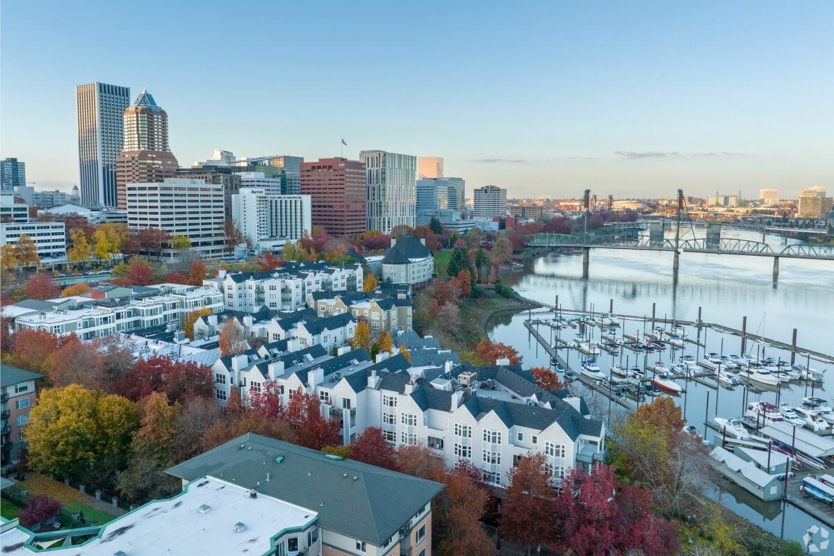 Condos and townhomes overlook the Willamette River.