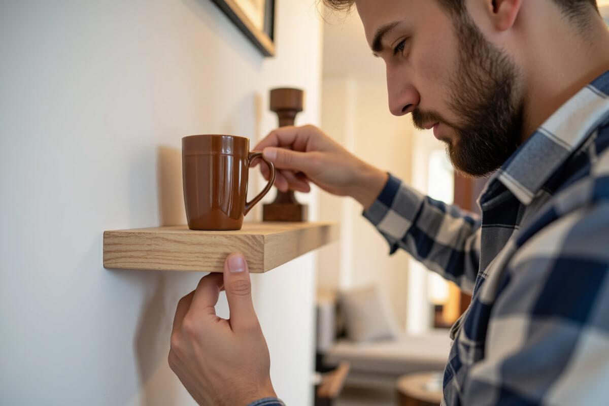 Tenant hangs floating shelves in his apartment.