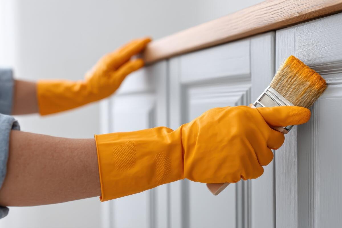 Tenant paints kitchen cabinets.