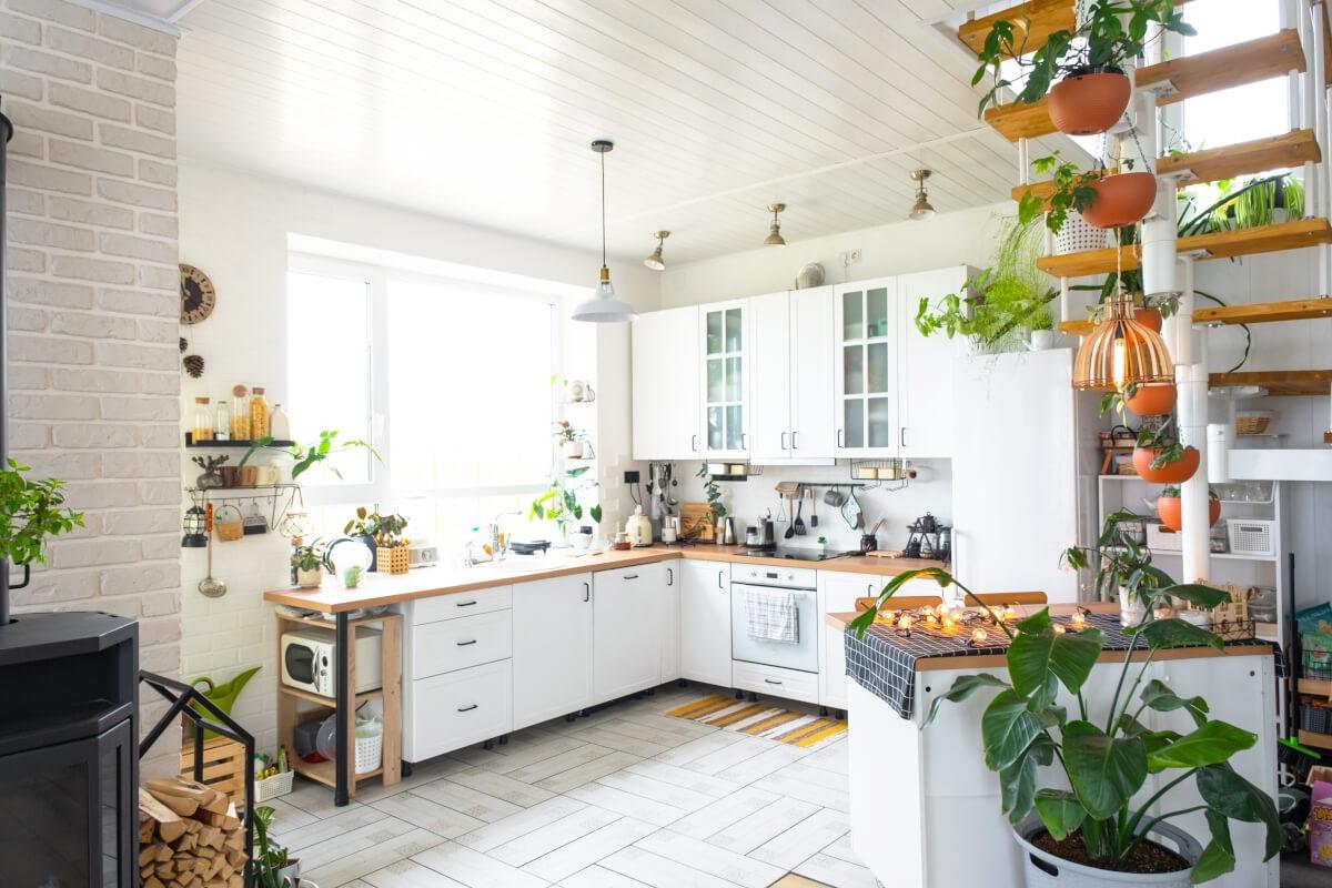 Apartment kitchen covered in plants.