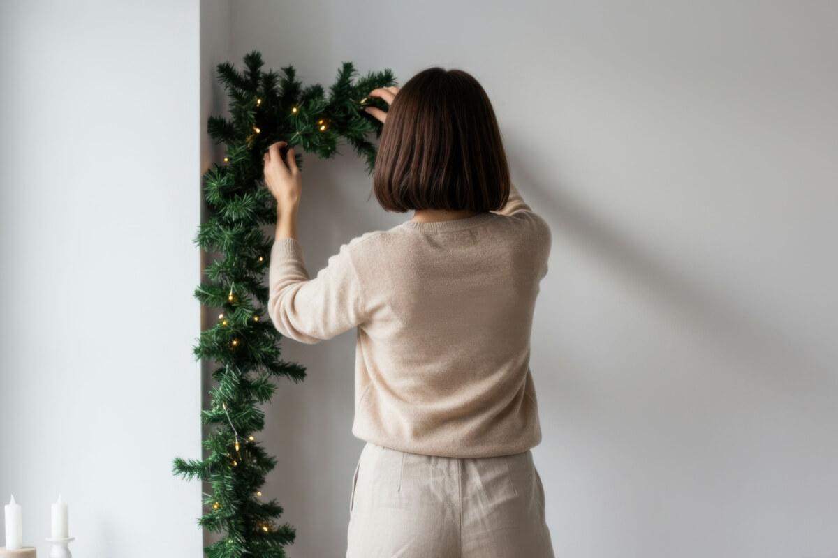 Woman hangs garland in her apartment.