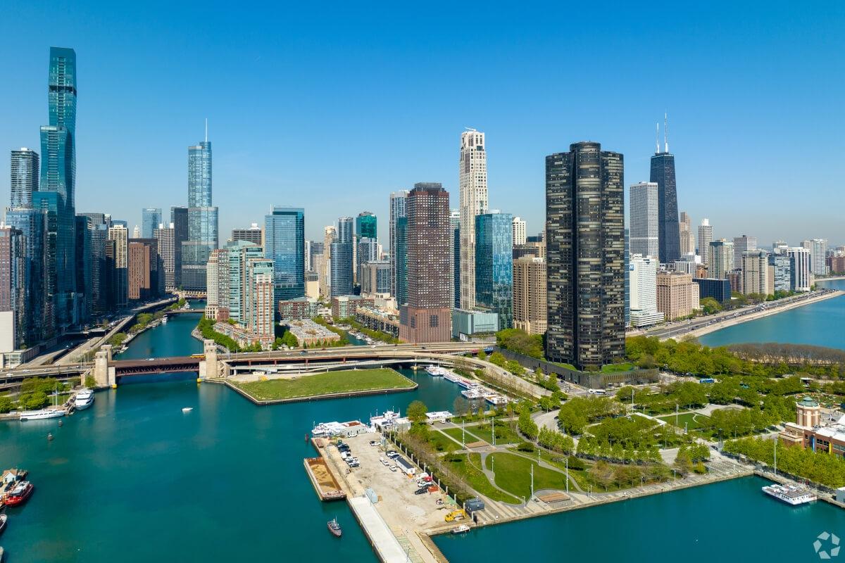 Chicago skyline and Lake Michigan.