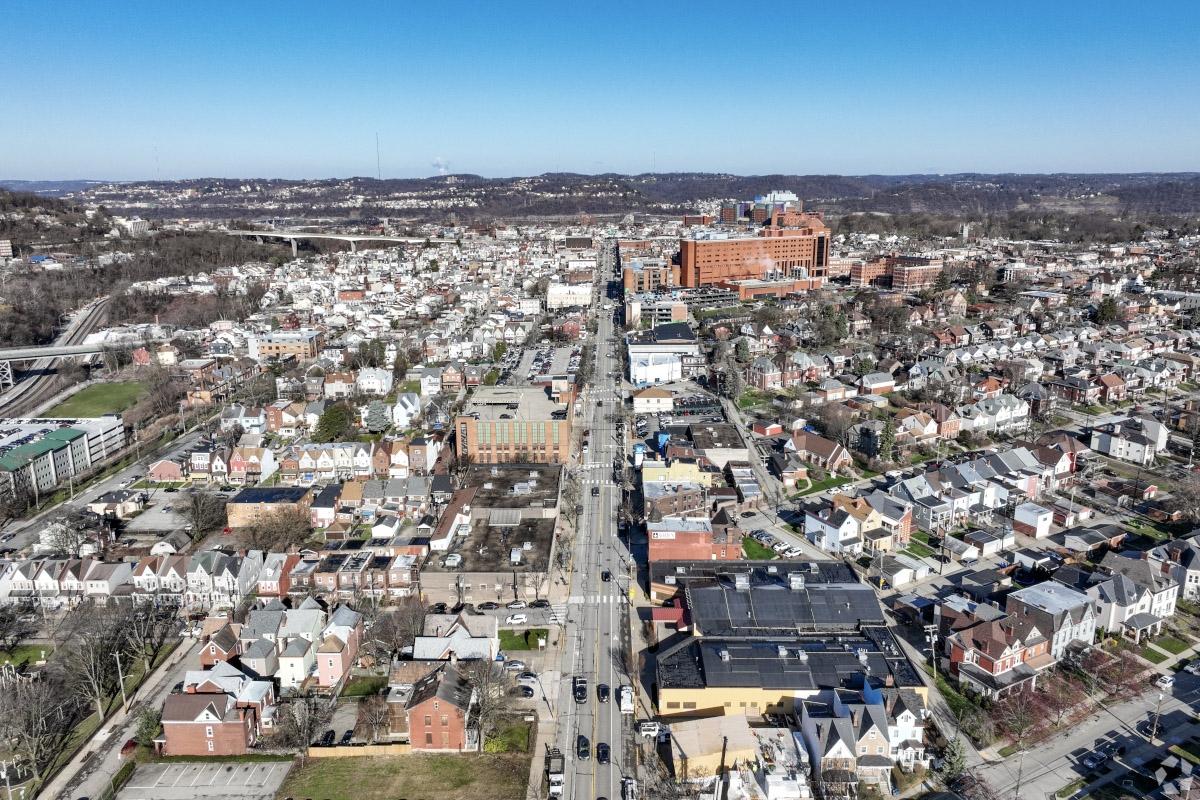 An aerial view of Liberty Avenue facing West Penn Hospital.