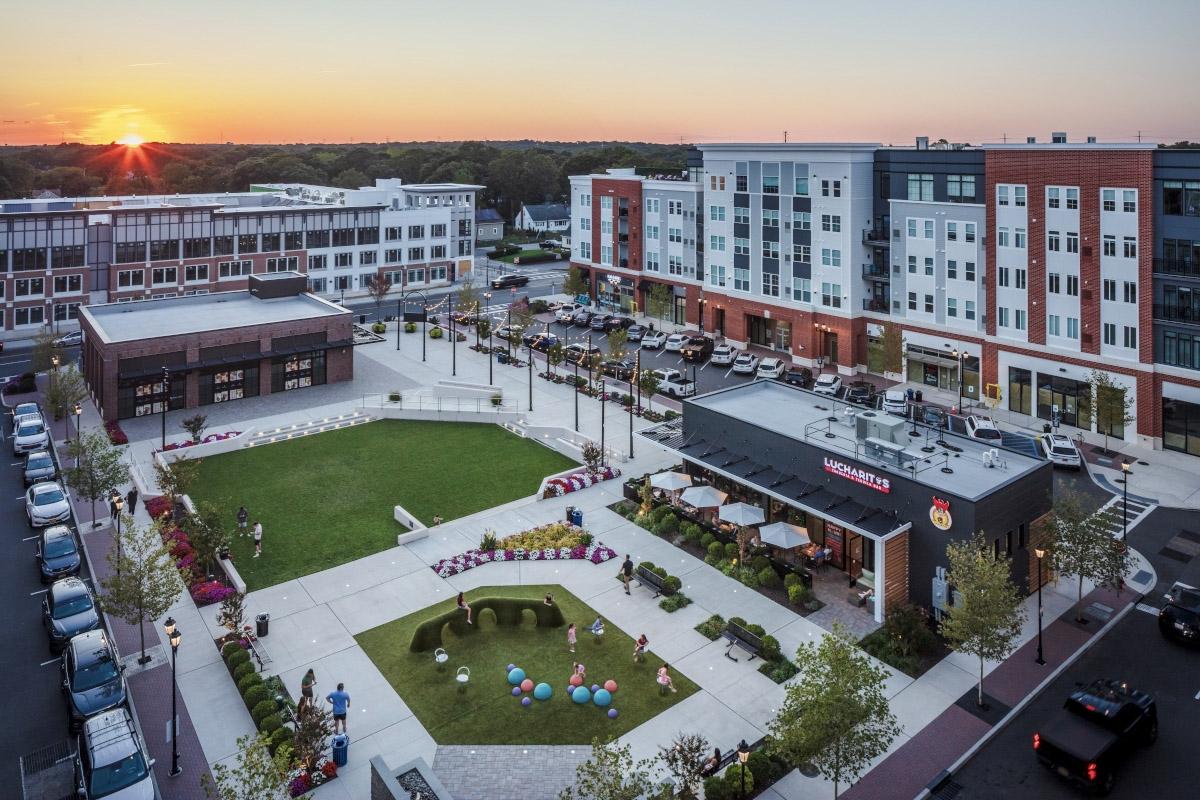 An aerial view of Station Yards, a lifestyle hub in Ronkonkoma, NY.