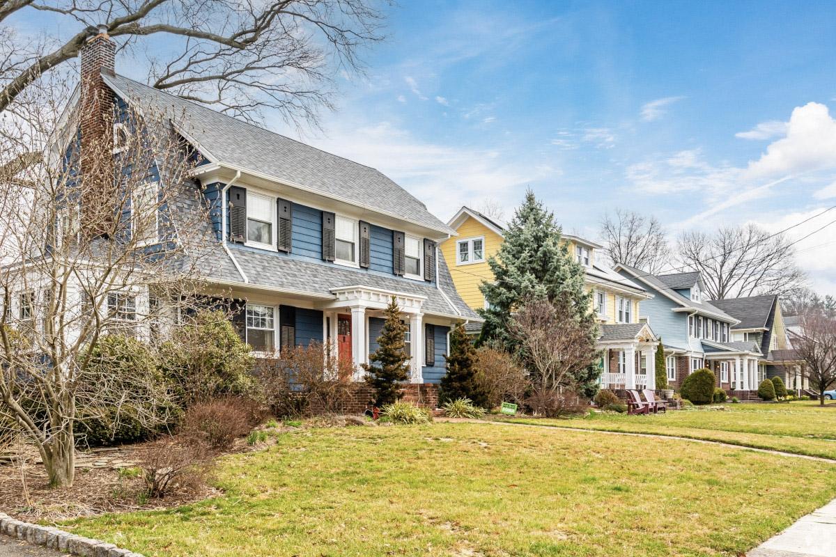 Colorful homes on a residential street in Maplewood, NJ.