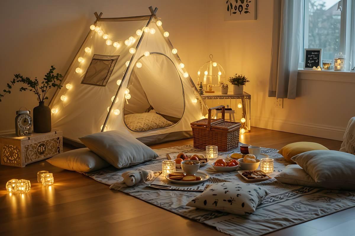 Indoor picnic setup in an apartment living room.