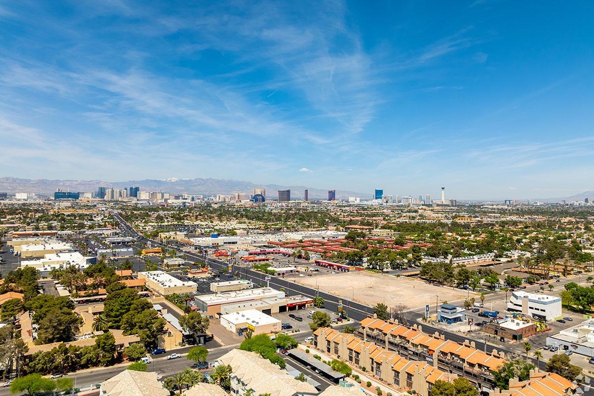 University District has many housing choices, including homes and apartments, that have the Strip in the backgorund.