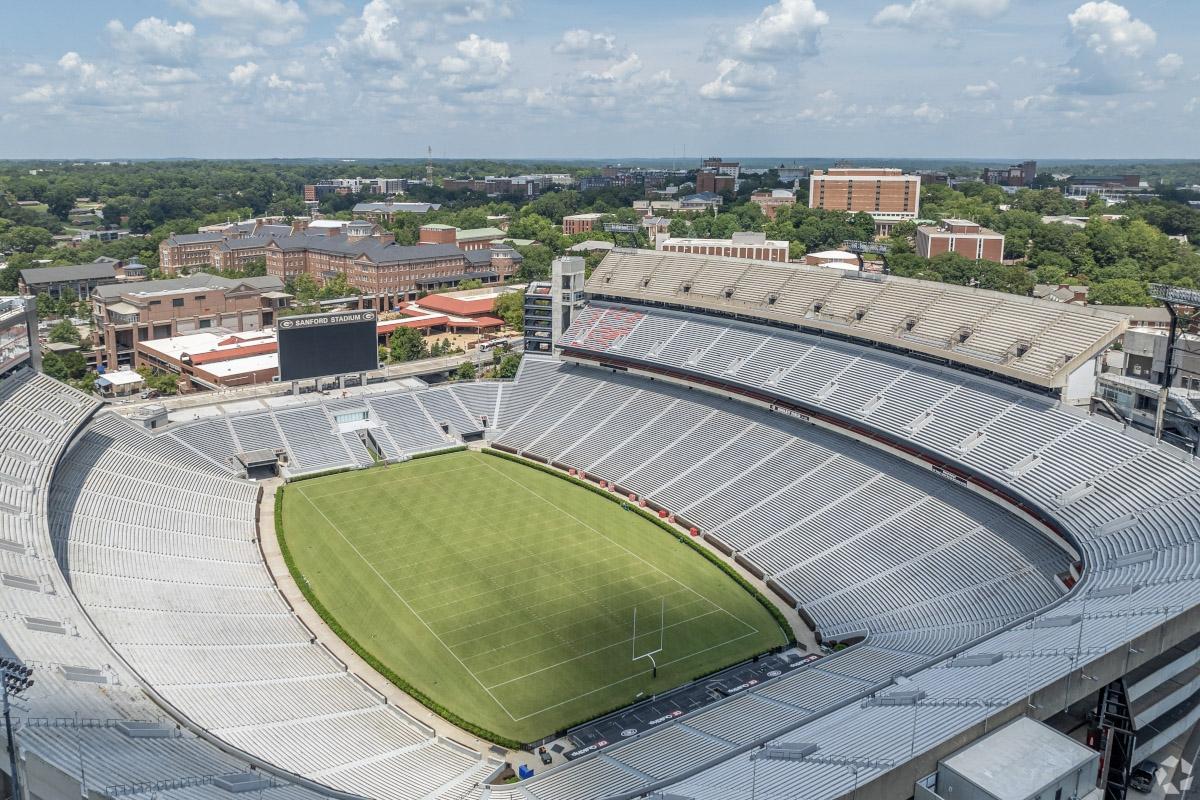 An aerial view of Sanford Stadium in Athens, GA.