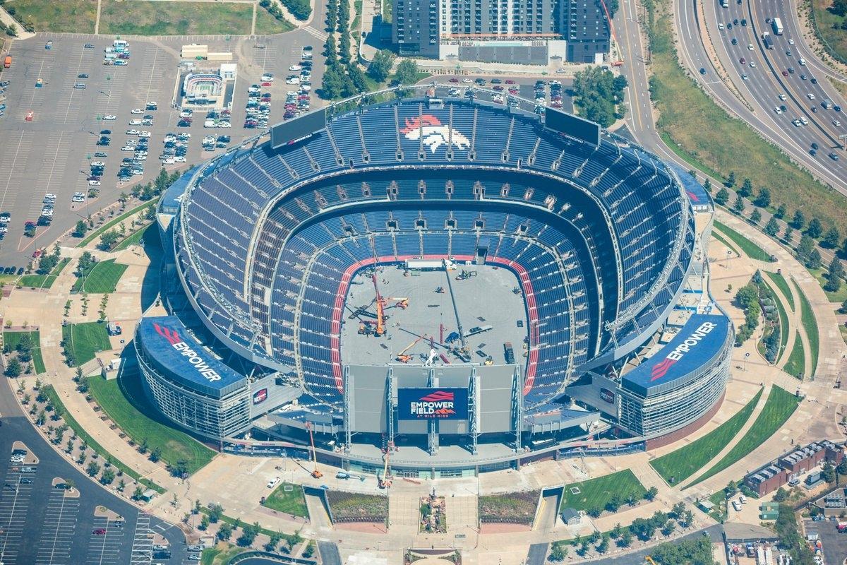 An aerial view of Empower Field in Denver
