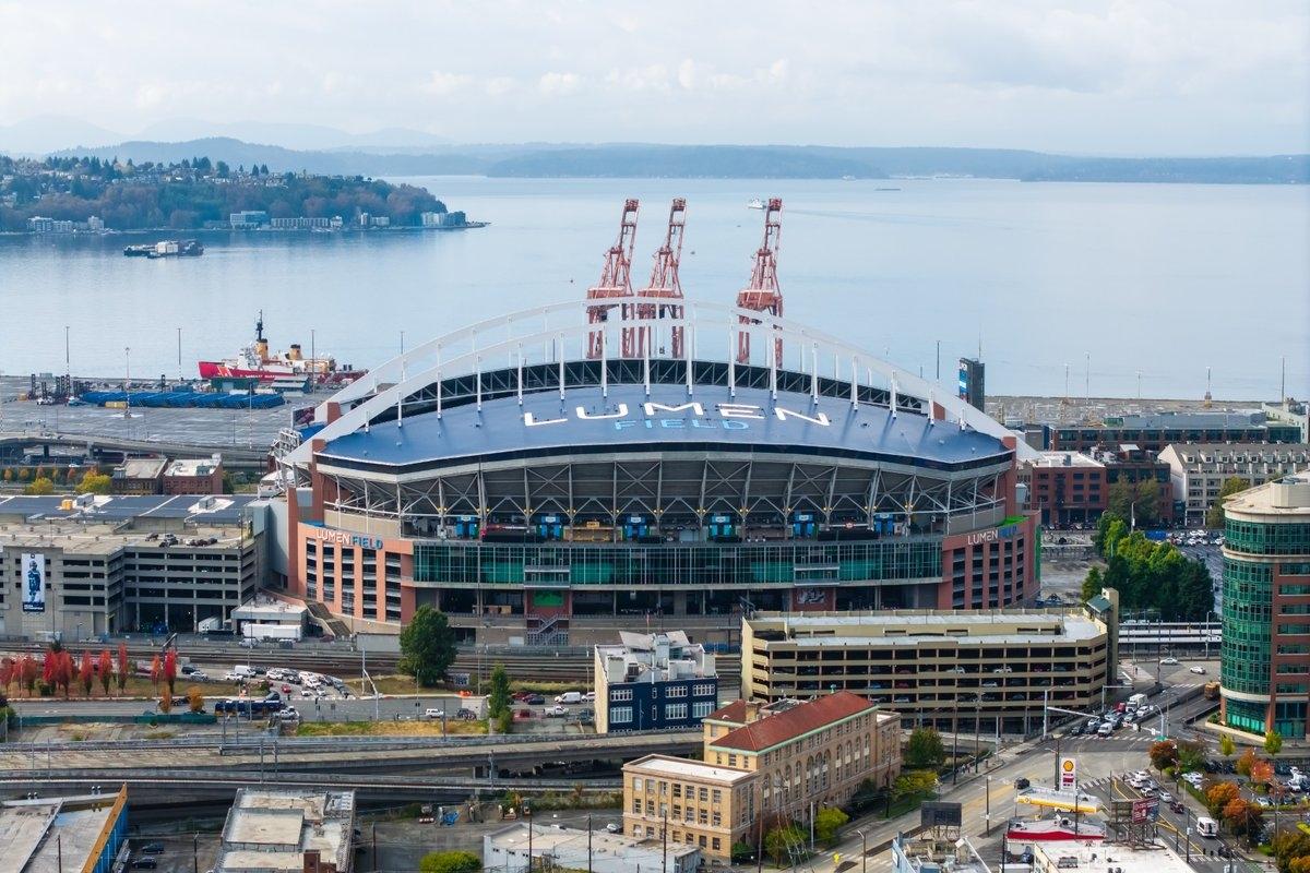 An Aerial view of Lumen Field in Seattle