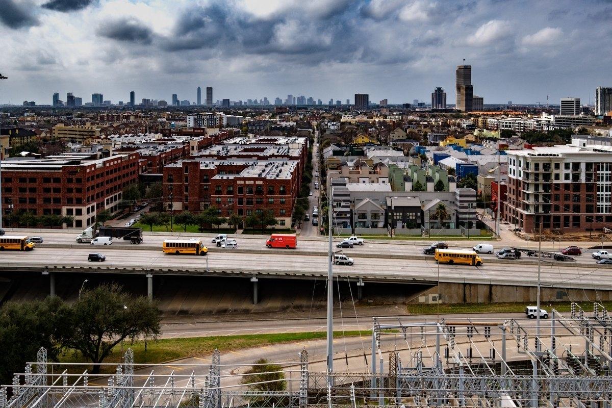 Aerial view of Midtown Houston on a cloudy day