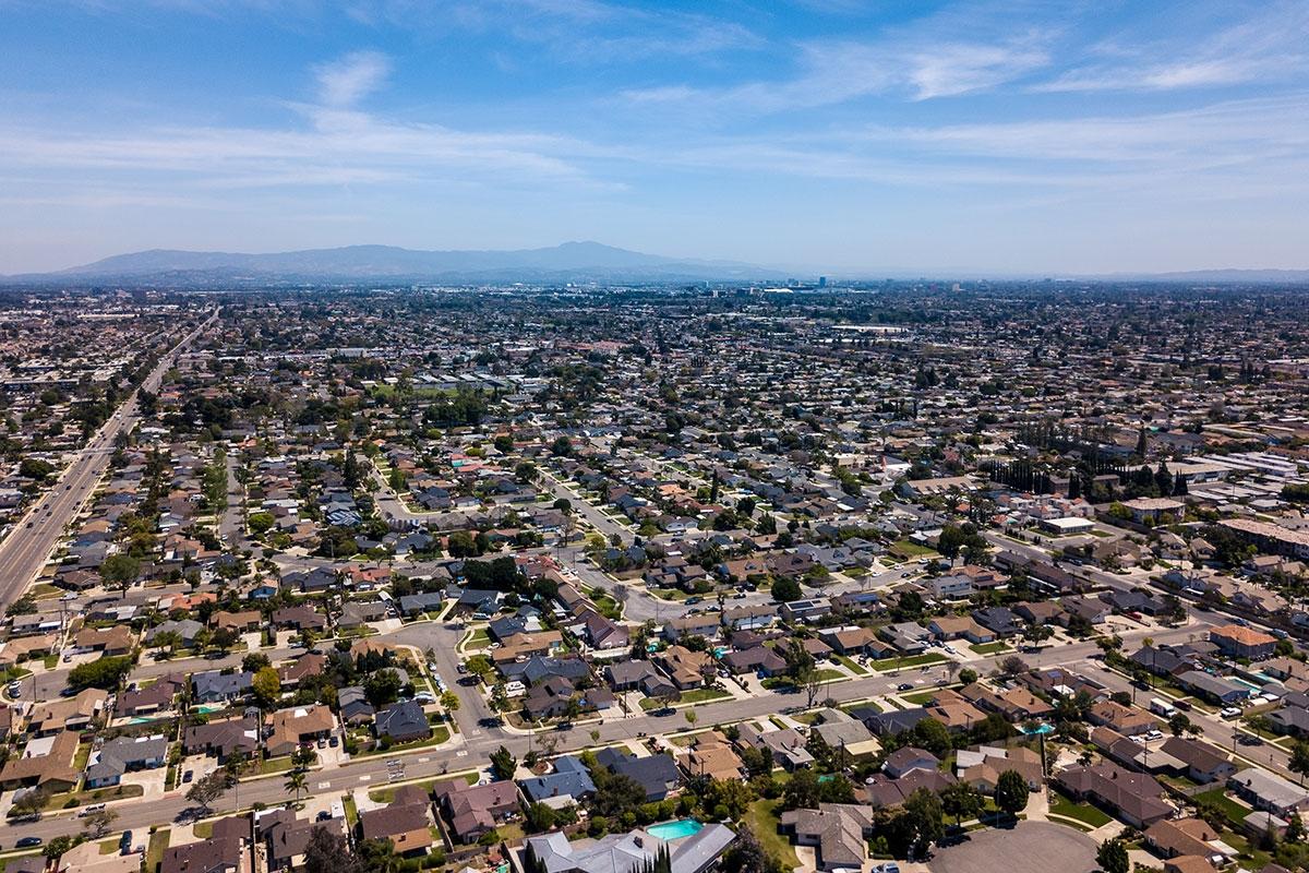 Homes cover the flat landscape of Anaheim, CA.