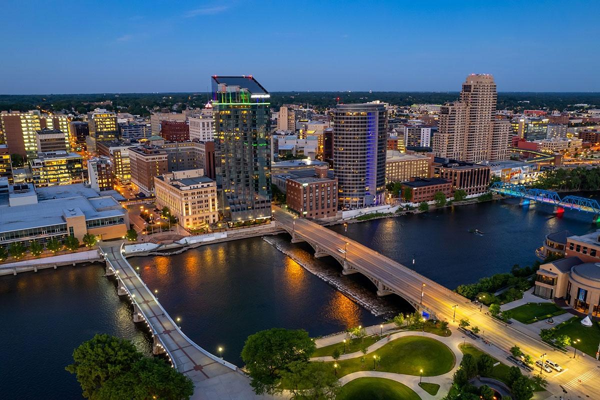 The Grand River flows through Downtown Grand Rapids.