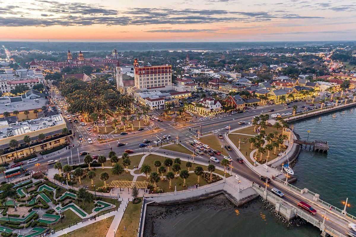The famous intersection of Saint Augustine lights up during the evening.