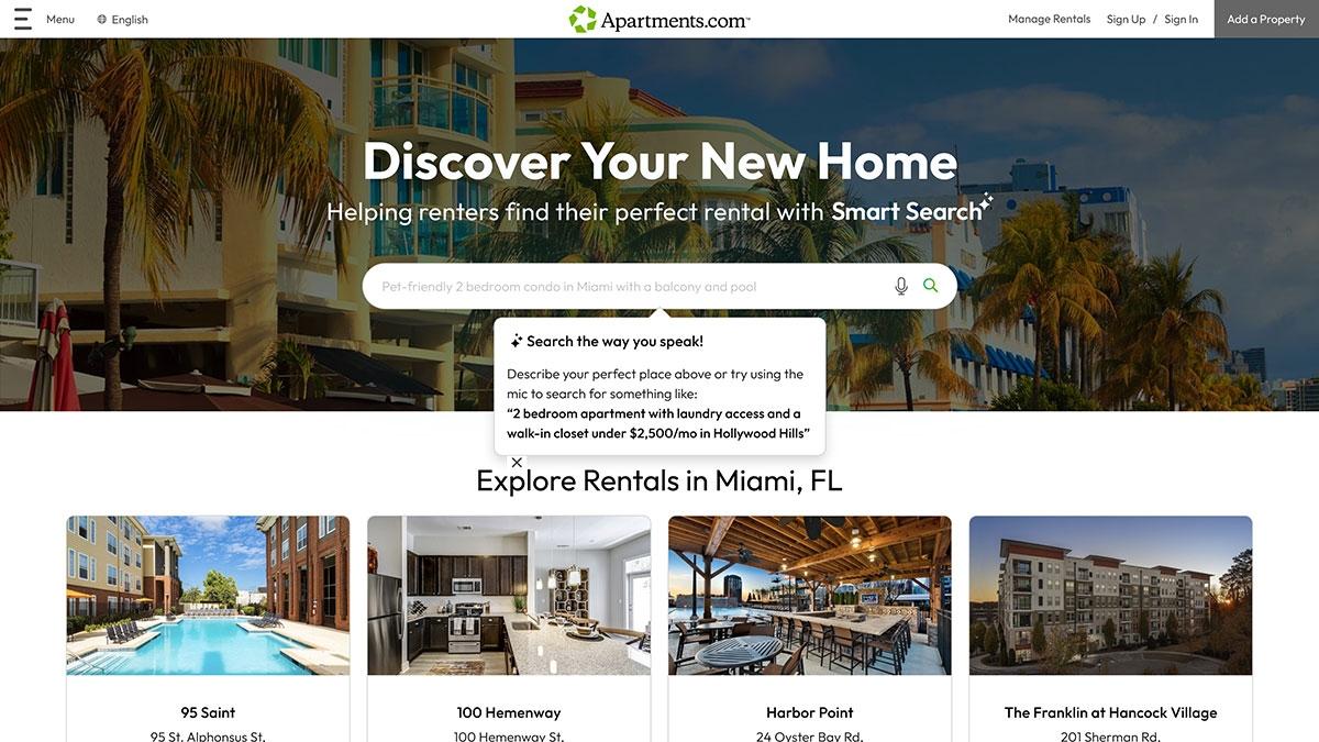 The homepage of Apartments.com with the AI Smart Search feature.