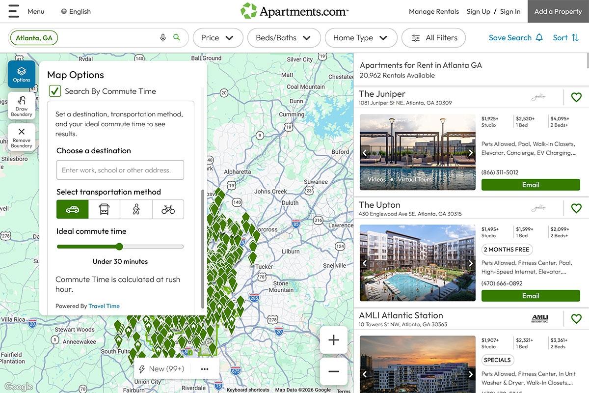 The commute tool on Apartments.com.