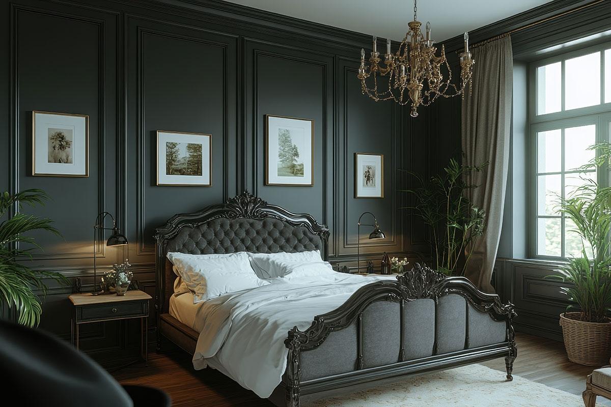 A dark, elegant bedroom features paneled walls, a tufted bed, framed artwork, and a chandelier lit by natural window light.