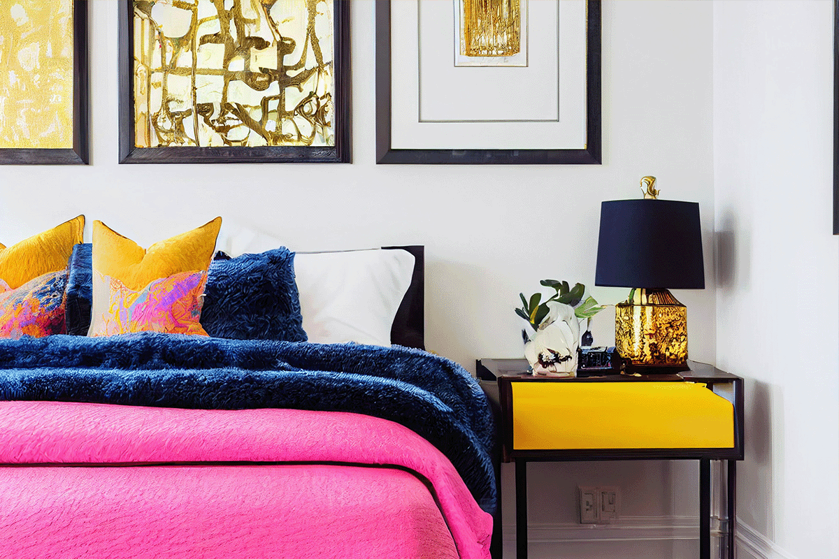A bedroom with white walls, portraits overhead, a yellow end table with a gold and black lamp, and hot pink bedding