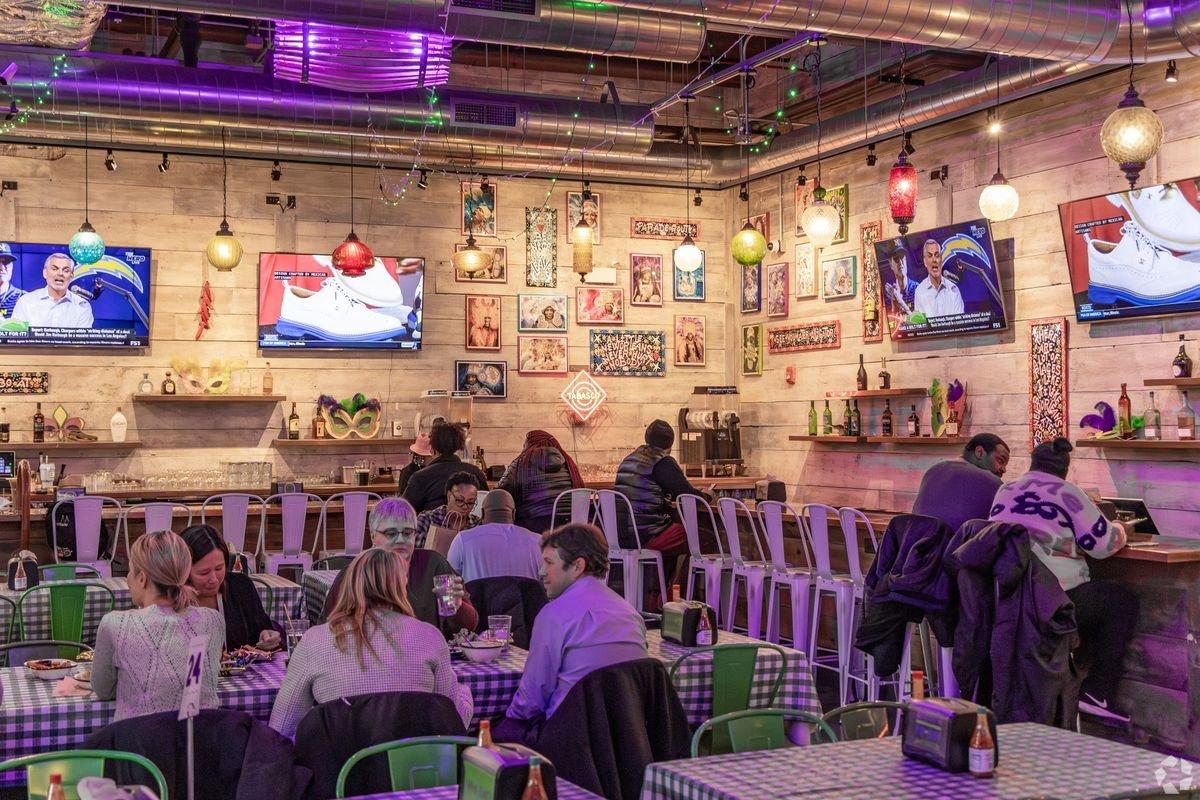 A lit up restaurant with tables of people